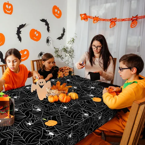 Miniatura 5 de TREWAVE Paquete de 3 manteles rectangulares de tela de araña de Halloween, manteles de plástico de gran tamaño para decoración del hogar