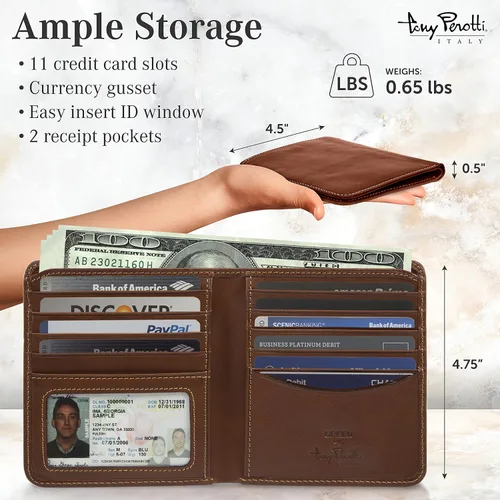 Miniatura 2 de Tony Perotti Men's Italian Leather Bifold Wallet With Card Holders, Pockets, ID Window - Eco-Friendly Vegetable-Tanned