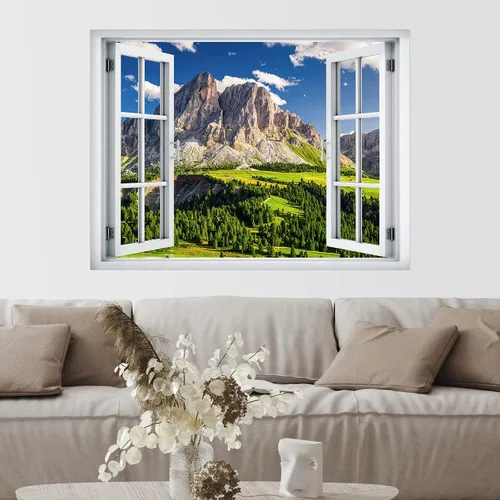Miniatura 2 de SIGNWIN Adhesivo de pared removible/Mural de pared Vista de ventana Cordillera nublada Bosque Naturaleza Vida silvestre Fotografía Realismo Paisaje