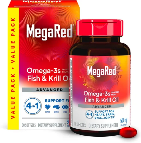 Megared Aceite de pescado omega-3 + aceite de krill de alta absorción 500 mg cápsulas blandas, MegaRed Advanced 4 en 1 (80 unidades en una botella)