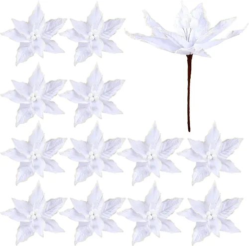 Miniatura 11 de Zeyune 6 Piezas Flores de Pascua Azules de Navidad Artificiales Grandes Espinas de Pascua Falsas Flores de Franela con Borde Helado para Adornos