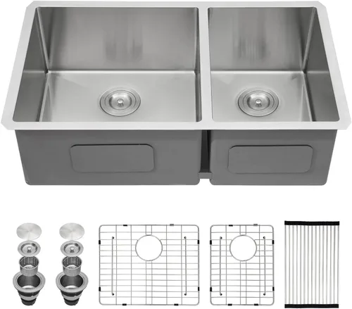 Miniatura 17 de Sarlai 28 Fregadero de cocina bajo encimera de doble tazón - Fregadero bajo encimera de acero inoxidable de 28x19 pulgadas de calibre 16, con repisa