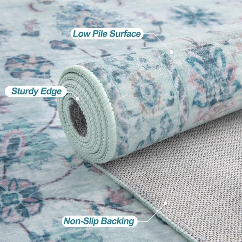 Miniatura 5 de Tangsoo Alfombra lavable para pasillo, antideslizante, 2 x 6 pies, estilo bohemio, floral, vintage, para entrada, suelo suave, para cocina, baño