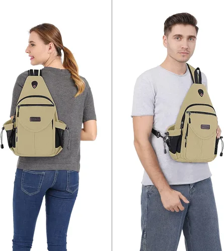 Miniatura 6 de MOSISO - Mochila bandolera de lona, mochila de día para senderismo con bolsillo antirrobo Caqui