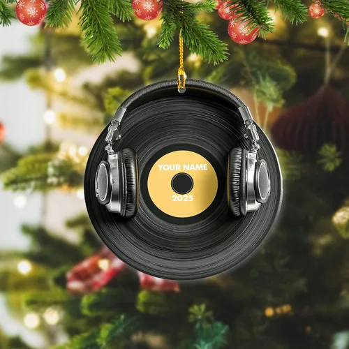 Miniatura 5 de Adorno de Navidad personalizado, máquina de discos de vinilo, adorno plano 2D, adorno para tocadiscos, instrumento musical, decoración de árbol