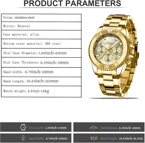 Miniatura 7 de Relojes para hombre cronógrafo acero inoxidable impermeable fecha analógica de cuarzo de negocios relojes de pulsera
