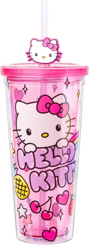 Miniatura 40 de Silver Buffalo Sanrio Hello Kitty Bow Pink Polka Dots - Vaso frío de plástico con tapa y tapa con pajita, 24 onzas Lazo Hello Kitty y lunares rosados