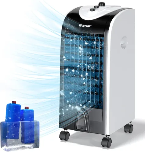 COSTWAY Enfriador de aire evaporativo, ventilador de refrigeración 3 en 1 con 2 cajas de cristal de hielo, 3 modos, tanque de agua de 3 velocidades