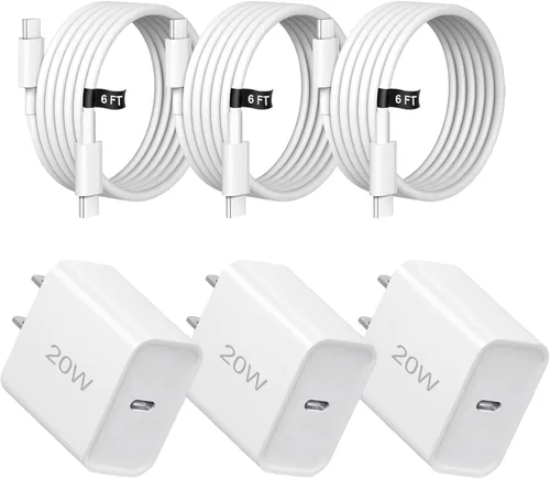 Cargador rápido de 20 W, paquete de 3 cargadores de puerto USB-C con cable tipo c-c, para i Phone 17/16/15, i Pad y más (paquete de 3 blanco)