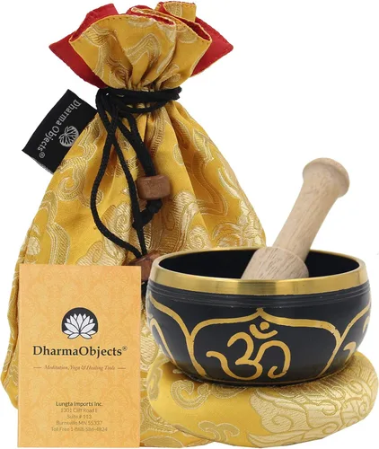 Miniatura 24 de DharmaObjects ~ Juego de cuencos tibetanos OM con mazo, cojín de brocado y bolsa de transporte ~ para meditación, curación de chakras, oración, yoga