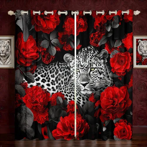 Miniatura 16 de Erosebridal Cortinas de Rosas Rojas 3D Tratamientos para Ventanas de Guepardo, Paneles de Cortinas con Estampado de Gato Leopardo para Sala