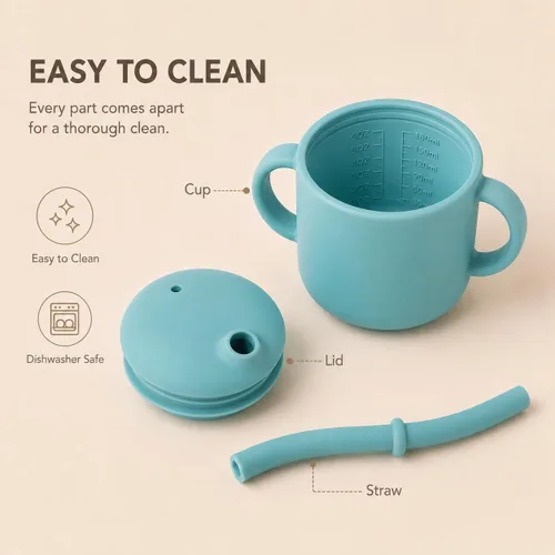 Miniatura 5 de Vaso de silicona con popote para bebés de 6 meses en adelante, 6 onzas, libre de BPA, taza de entrenamiento de silicona de grado alimenticio