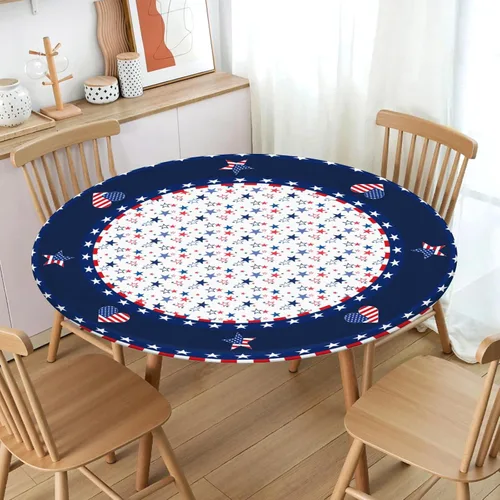 Miniatura 2 de Mantel redondo ajustable para el 4 de julio con borde elástico, impermeable, lavable, azul, rojo, blanco, estrella, patriótica, independencia, Día