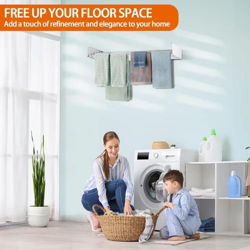 Miniatura 2 de FOCHIER F Tendedero de Ropa Tendedero de Secado Montado en Pared Plegable con 4 Varillas de Aluminio y Plantilla de Perforación Punta de Blanco