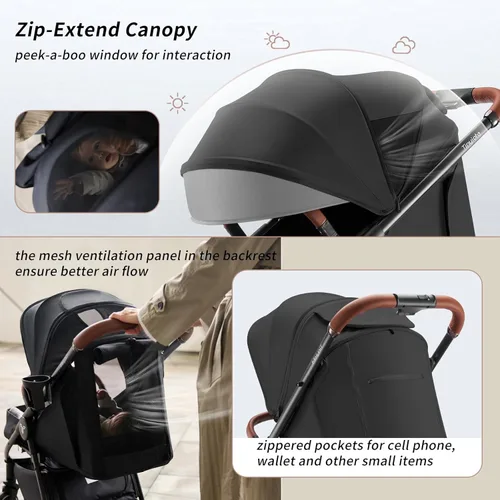Miniatura 2 de Cochecito Tinyiota para bebés, cochecitos para niños pequeños con gran dosel UPF 50+, cochecito de bebé de lujo con asa de cuero y asiento Negro