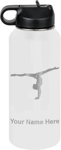 Miniatura 33 de LaserGram Botella de agua personalizada, gimnasta niña, acero inoxidable de doble pared aislada al vacío con popote superior, regalo grabado Azul