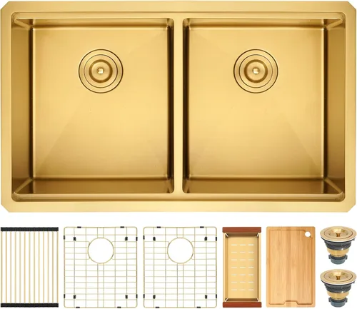 Miniatura 23 de LQS Fregadero de cocina dorado de 32 x 18 pulgadas, fregaderos de cocina empotrados, fregaderos de acero inoxidable de doble tazón 50/50