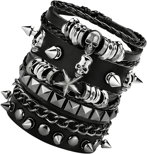 Juego de 4 pulseras góticas para hombres y mujeres, pulseras de cuero con tachuelas punk rock, traje rockero de los años 80 para hombres y mujeres,