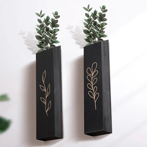 Miniatura 6 de Macetero de pared de madera, paquete de 4 jarrones de pared con bolsillo para interiores, decoración para sala de estar, dormitorio, flores secas