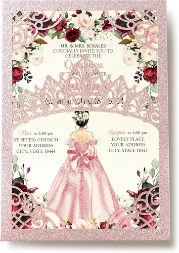 Miniatura 11 de 50 invitaciones de quinceañera con corona negra perlada cortada con láser Invitaciones de cumpleaños florales burdeos para Sweet 16/Miss XV