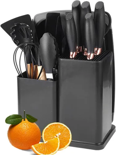 Juego de 19 piezas de utensilios y cuchillos de cocina con bloque, incluye juego de 11 utensilios de cocina de silicona, 5 cuchillos de chef