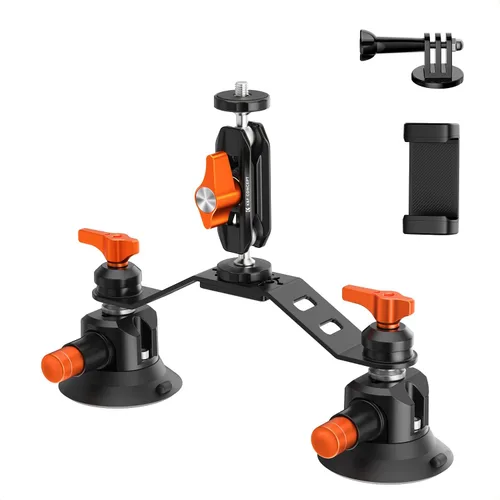 Miniatura 8 de K&F CONCEPT Soporte de coche con triple ventosa para cámara, kit 3 en 1 resistente con ajuste de superficie curva de 15°, poste de extensión