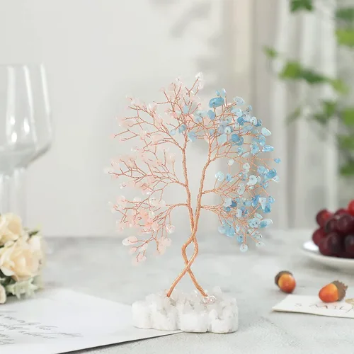 Miniatura 3 de SUNYIK Árbol de dinero de cuarzo rosa y aguamarina con base de cuarzo de roca de doble corazón, hecho a mano, envuelto en alambre, árbol de la vida