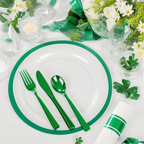 Miniatura 7 de I00000 210 piezas de platos de plástico verdes - Vajilla verde para el día de San Patricio para fiesta, incluye 30 platos de cena y 30 platos