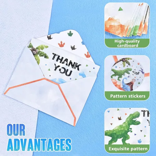 Miniatura 3 de WERNNSAI 24 tarjetas de agradecimiento de dinosaurio, decoraciones de fiesta de dinosaurios, tarjetas de agradecimiento para niños con sobres, Niño
