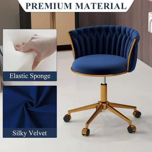 Miniatura 5 de ABET Silla de tocador con ruedas, pequeña silla de escritorio de terciopelo para oficina, taburetes de maquillaje semicirculares tejidos a mano