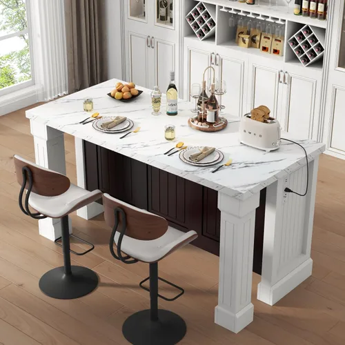 Miniatura 14 de Mesa de comedor grande de mármol de imitación de 63 pulgadas para 4-6 personas, mesa de isla de cocina con luces LED, mesa de comedor de cocina