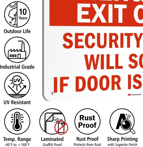 Miniatura 7 de SmartSign Letrero de metal con texto en inglés «Emergency Exit Only – Security Alarm Will Sound If Door Is Opened», aluminio de 63 mil