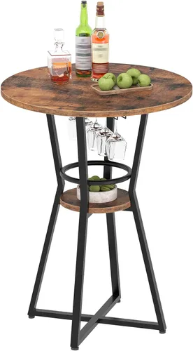 Miniatura 5 de HOOBRO Mesa redonda de bar, mesa de bar de 2 niveles con soporte para copas de vino, mesa de cóctel industrial, para espacios pequeños, taberna