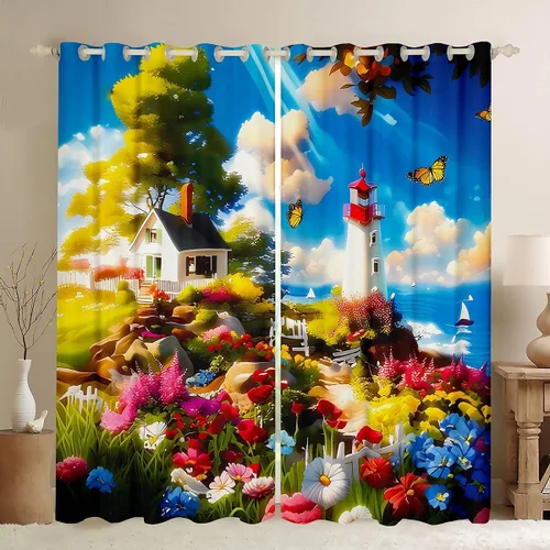 Miniatura 20 de Erosebridal Nautical Lighthouse Blackout Curtains 30-50% Navigation Theme Curtains for Women Men Watercolor Seascape Window Treatments Coastal Night