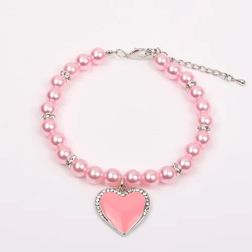 Miniatura 8 de Collar de perlas de perro y gato con diamantes de imitación, dije de corazón con dije de corazón para mascotas y cachorros (S, rosa)