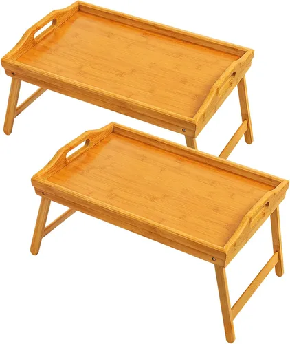 Miniatura 10 de Paquete de 2 bandejas de cama para mesa de desayuno, bandejas de servir, bandeja de bambú para cama portátil con patas plegables, asas y soportes