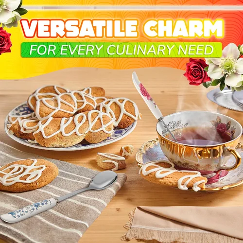 Miniatura 6 de Juego de 6 cucharas de café con mango de cerámica – Cucharas pequeñas de postre de 6.1" con diseño floral – Cuchara de acero inoxidable para té
