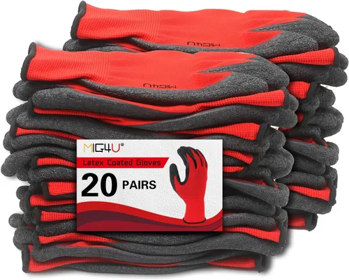 MIG4U Guantes de trabajo de látex arrugado, agarre mejorado para jardinería, manejo de paquetes de almacén Rojo-20 pares