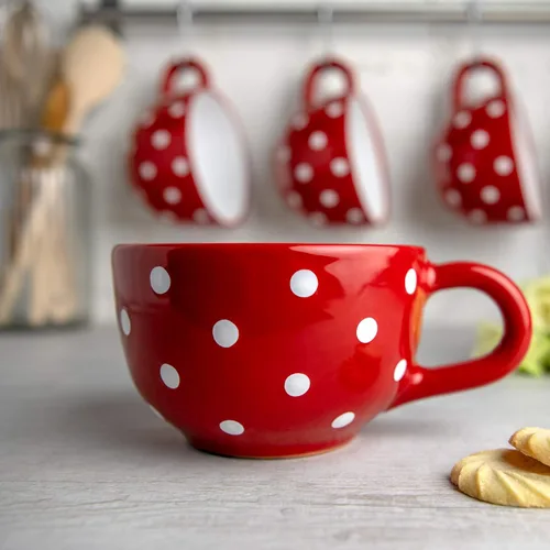 Miniatura 2 de City to Cottage Taza de cerámica hecha a mano con diseño de lunares rojos y blancos, taza única extra grande de 17.5 onzas / 16.9 fl oz de capuchino