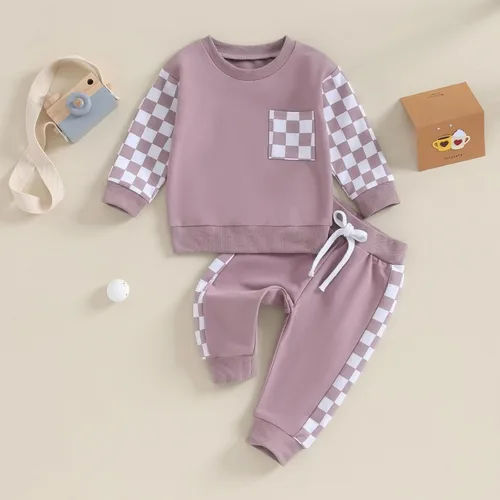 Miniatura 2 de Conjunto de 2 piezas para bebé niño y niña, sudadera de manga larga con bordado de letras, pantalones elásticos, conjunto de otoño