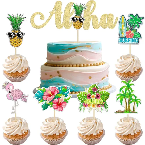 Miniatura 16 de Gyufise 1 pieza de decoración de pastel de feliz cumpleaños tropical hawaiano Luau pastel Pick Glitter Flamingo Flower Plam Leave Pineapple Cake