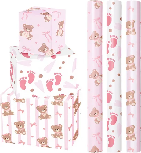 WRAPAHOLIC - Papel de regalo para baby shower con diseño de oso - Rollo mini - 3 rollos - 17 pulgadas x 120 pulgadas - Papel de regalo con lazo de