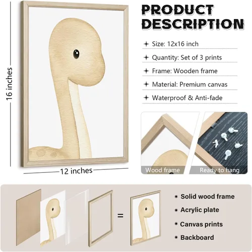 Miniatura 2 de Arte de pared de dinosaurio para habitación de niños, lienzo para decoración de pared de dinosaurio para niños, arte de pared de guardería