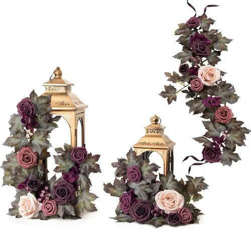 Miniatura 15 de Ling's moment Paquete de 6 guirnaldas de flores artificiales de 2 pies, farol negro y burdeos, centros de mesa de flores, decoración de pasillo