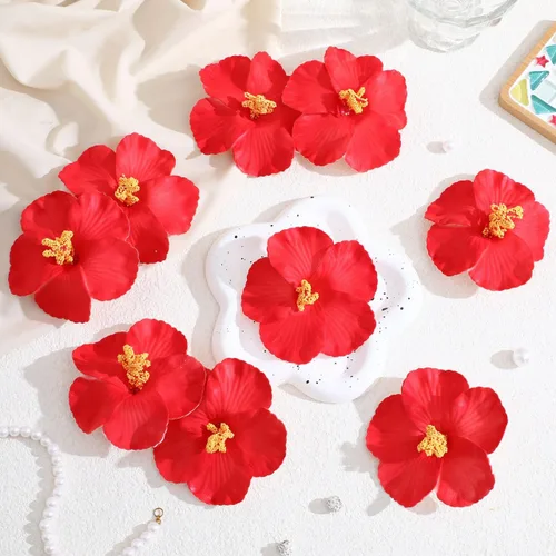 Miniatura 4 de Garneck 10 flores artificiales de hibisco, flores tropicales de imitación, flores de hibisco falsas rojas, plumeria vívida para Hawaii Luau mesa