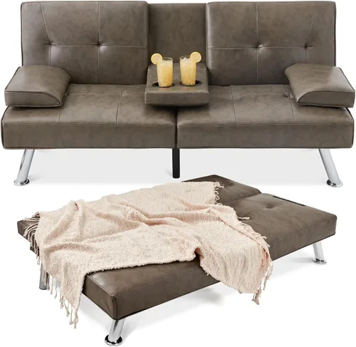 Miniatura 9 de Futón sofá cama para entretenimiento Best Choice Products, moderno, se dobla y reclina, muebles, con posavasos Negro
