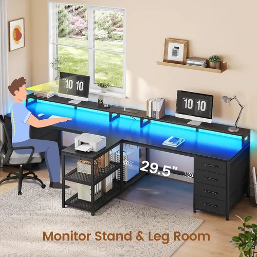 Miniatura 7 de SEDETA Escritorio para juegos para 2 personas de 94.5 pulgadas, escritorio largo para computadora de oficina con 8 cajones y luz LED, escritorio