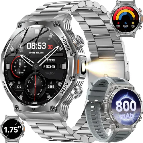 Miniatura 10 de KPEP Military Watches for Men with 2 Straps (Bluetooth Call), 1.75" HD Screen Military Watch with Flashlight, 800mAh Battery, SpO2 Heart Rate Sleep