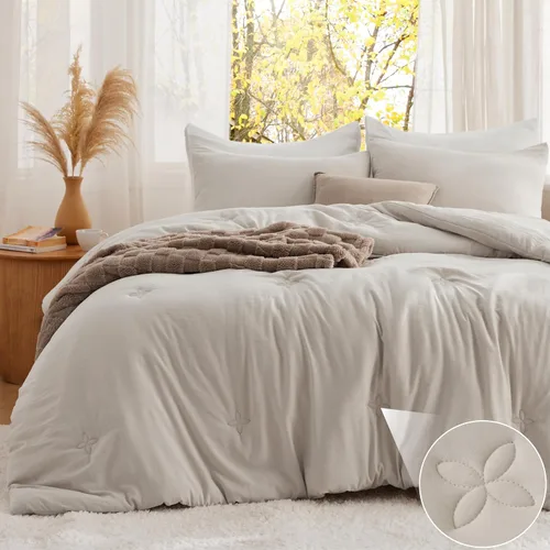 Bedsure Juego de Edredón Individual Beige, Ropa de Cama Suave Prelavada Tamaño Individual, Edredón Acolchado con Diseño de Trébol, Edredón