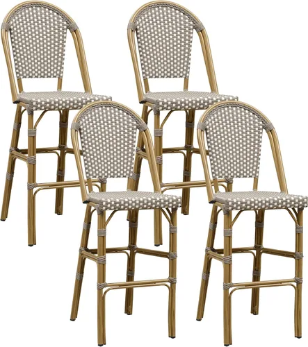 Miniatura 20 de PURPLE LEAF - Juego de 2 taburetes de bar franceses con acabado de bambú impreso, taburetes de bar de ratán para patio con respaldo, sillas de bar